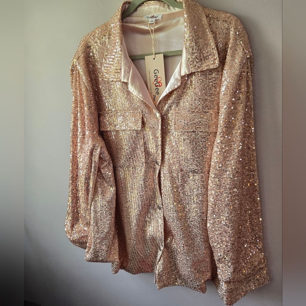 GeeGee Plus Rose Gold Sequin Shacket Button Down Jacket 3XL NWT